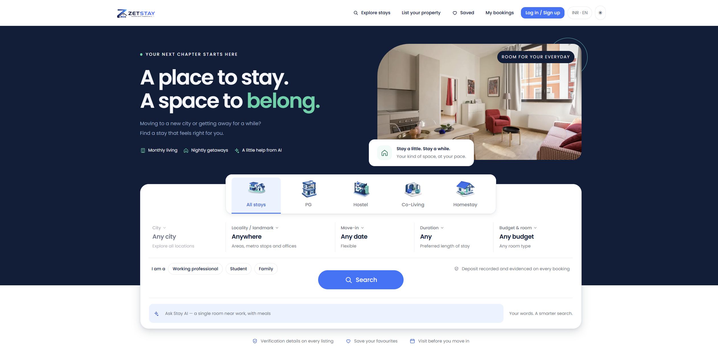 A first look at the Zetstay resident homepage: A place to stay. A space to belong. Monthly living and nightly getaways.
